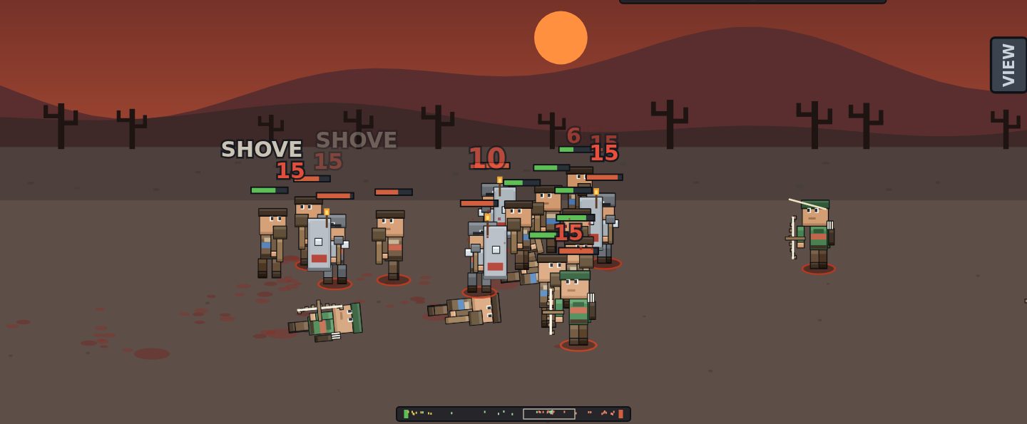 A battle on the road at dusk: your men and theirs clash under a red sun